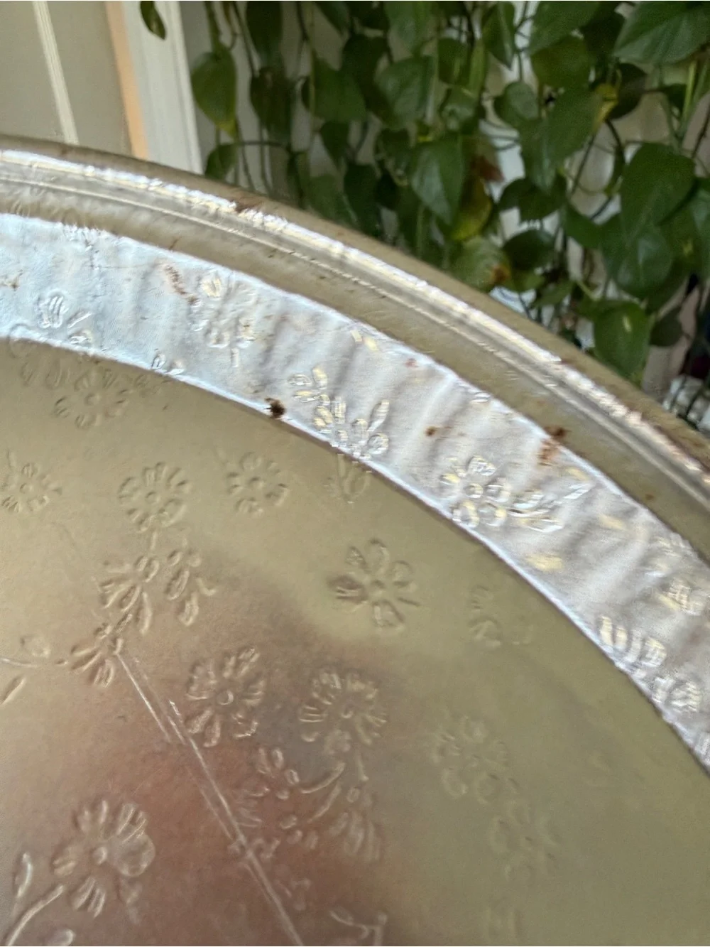 Embossed Silver Round Serving Tray with flowers lightweight